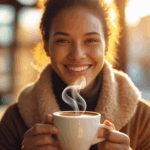 Young female entrepreneur smiling with coffee in hand, embracing her self-worth and startup journey.