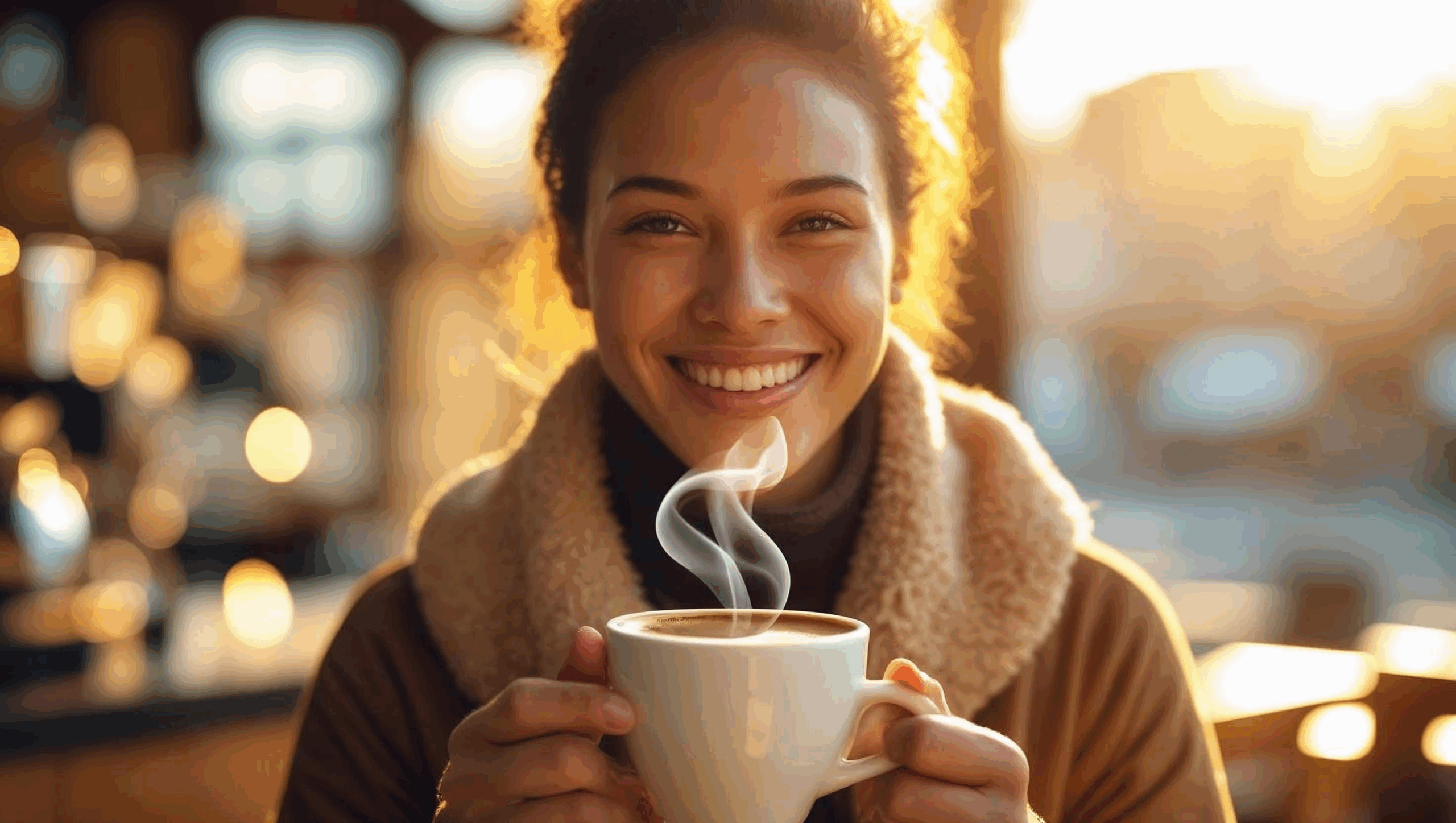 Young female entrepreneur smiling with coffee in hand, embracing her self-worth and startup journey.